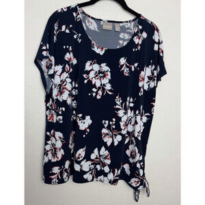 Chico's Women's Short Sleeve Floral Blouse Size L (2) Side Knot Round Neck